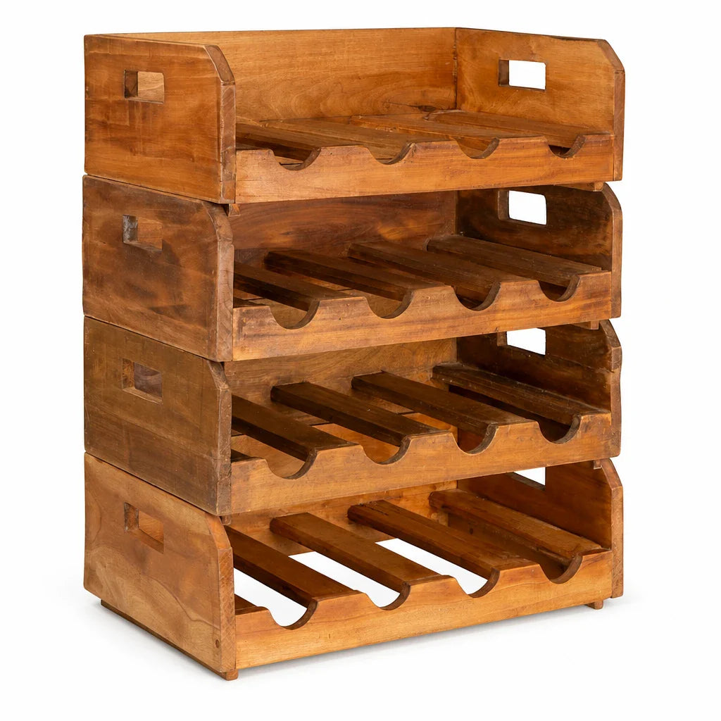 Lot de 4 casiers à vin L'Atelier en bois de récupération, 16 bouteilles, fond blanc