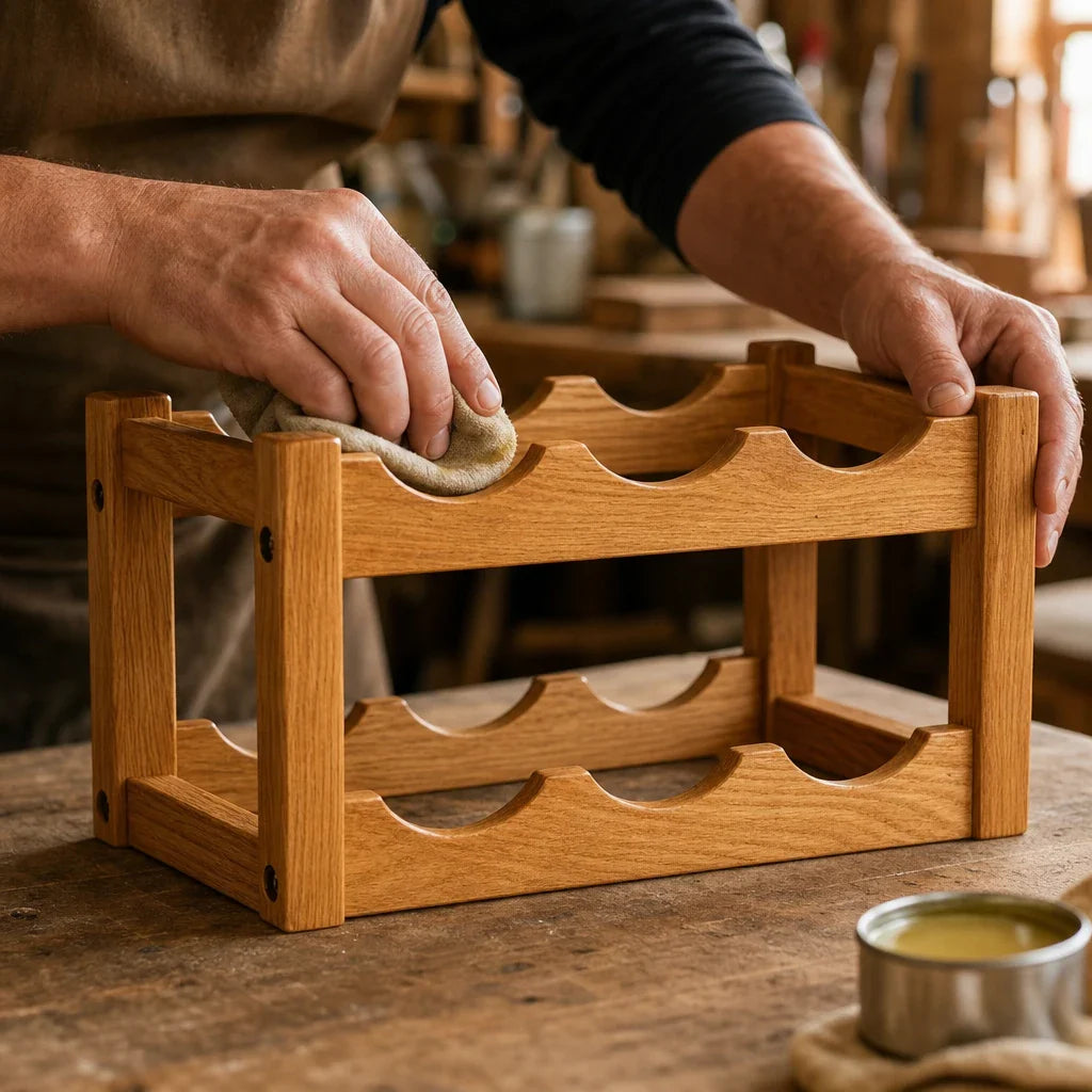 Finition à la main du casier Le Chêne en atelier