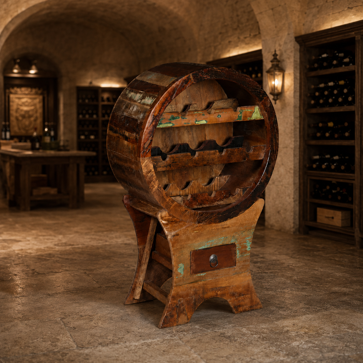 Casier à vin en bois de récupération, 10 bouteilles · La Barrique